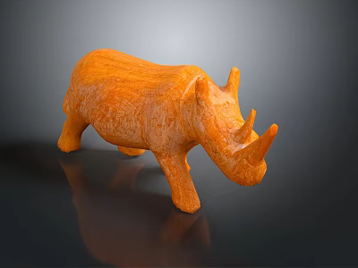 Orange Textured Rhino Sculpture With Detailed Surface On Dark Reflective Background 3d model