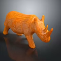 Orange Textured Rhino Sculpture With Detailed Surface On Dark Reflective Background