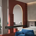 Modern Hotel Room Interior With Large Bed Blue Ottoman Wooden Floor Mirror And Wall Artwork