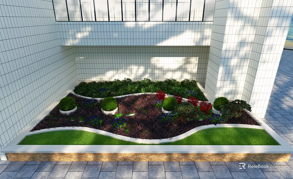 Road Facilities Green Area With Trimmed Shrubs Colorful Flowers Lawn White Border Gray Stone Pavement 3d model 