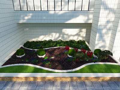 Road Facilities Green Area With Trimmed Shrubs Colorful Flowers Lawn White Border Gray Stone Pavement 3d model