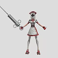 Nurse Character in Uniform Holding Large Syringe and Medicine Bottle with White Cross Head Cloth