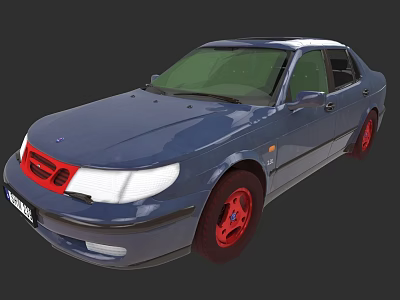 Blue Sedan Car With Red Wheels And Red Front Grille Classic Design 3d model