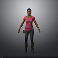Woman In Pink T Shirt Blue Jeans And Brown Boots Standing On Grey Background