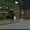Stylish Industrial Bar Counter With Lush Green Plant Decor And Cozy Live Music Area