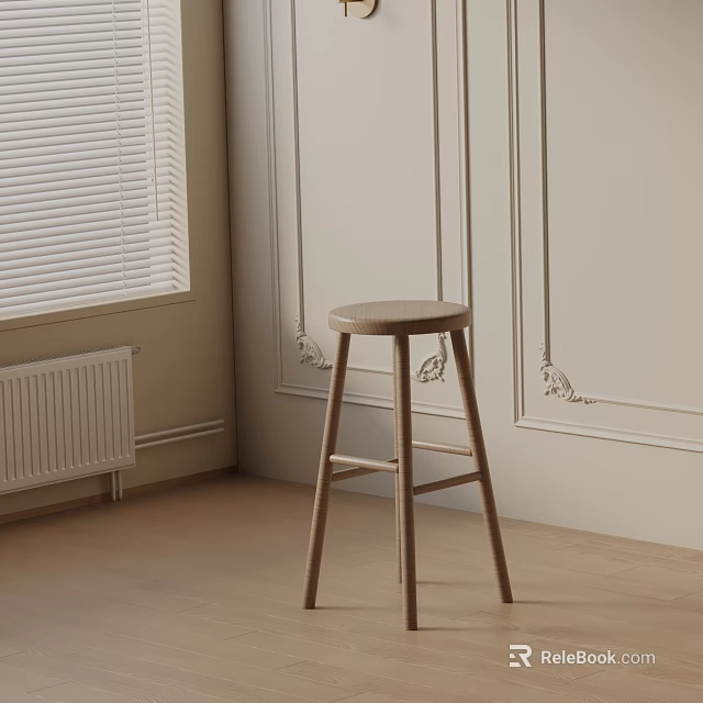 Wooden Bar Stool in Light Colored Room with Window Blinds Radiator and Decorative Moldings 3d model 