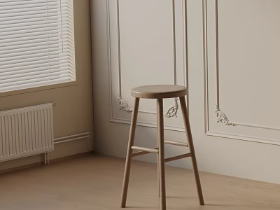 Wooden Bar Stool in Light Colored Room with Window Blinds Radiator and Decorative Moldings 3d model