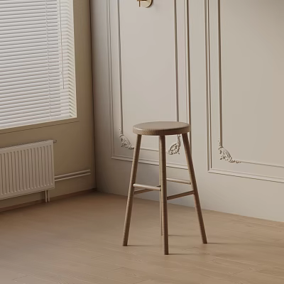 Wooden Bar Stool in Light Colored Room with Window Blinds Radiator and Decorative Moldings 3d model