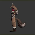 Anthropomorphic Wolf Character In Brown Furry Costume With Red Accents And White Trim