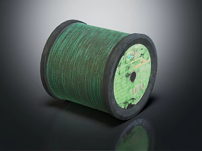 Green Thread Spool With Wound String And Label On Dark Surface 3d model