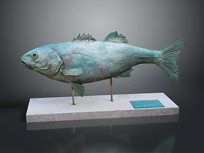 Elegant Home Furniture Display Featuring Bronze Fish Sculpture On Stone Base 3d model