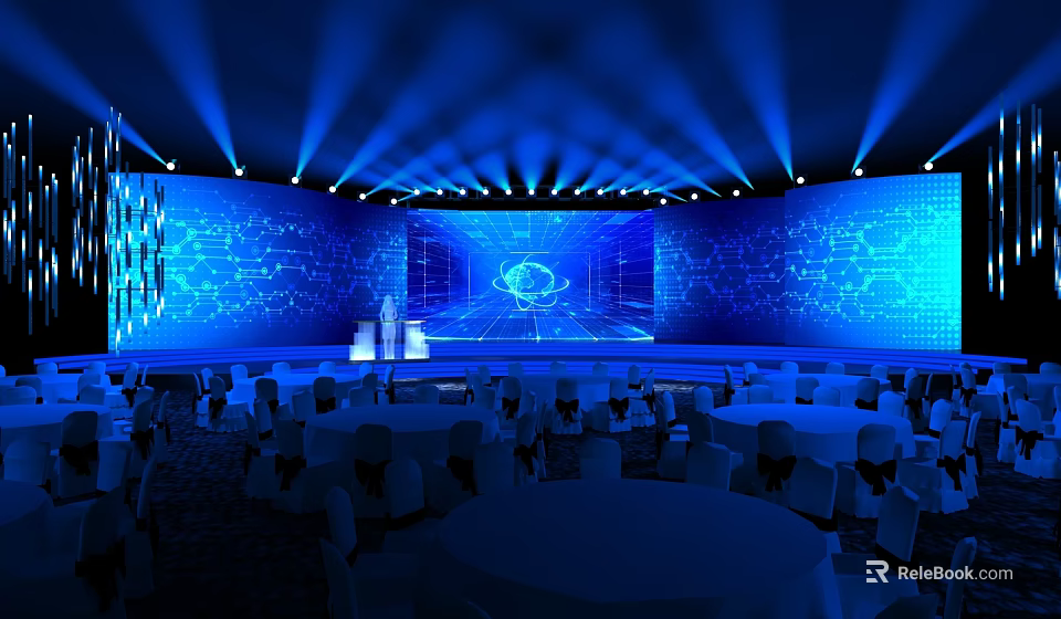 Modern Conference Venue With Blue Lighting Large Screen And Round Tables 3d model 