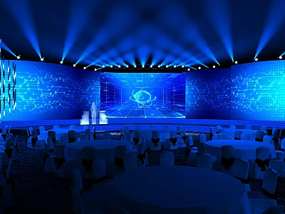 Modern Conference Venue With Blue Lighting Large Screen And Round Tables 3d model