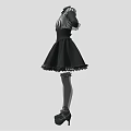 High Neck Black and White Striped Long Sleeve Dress with Lace Trim and Flared Skirt