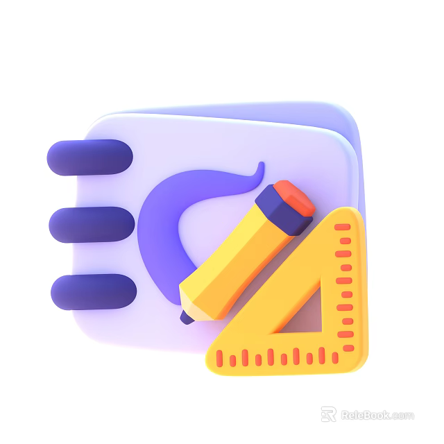Notebook with purple cover three binding rings yellow triangle ruler and pencil on white background 3d model 