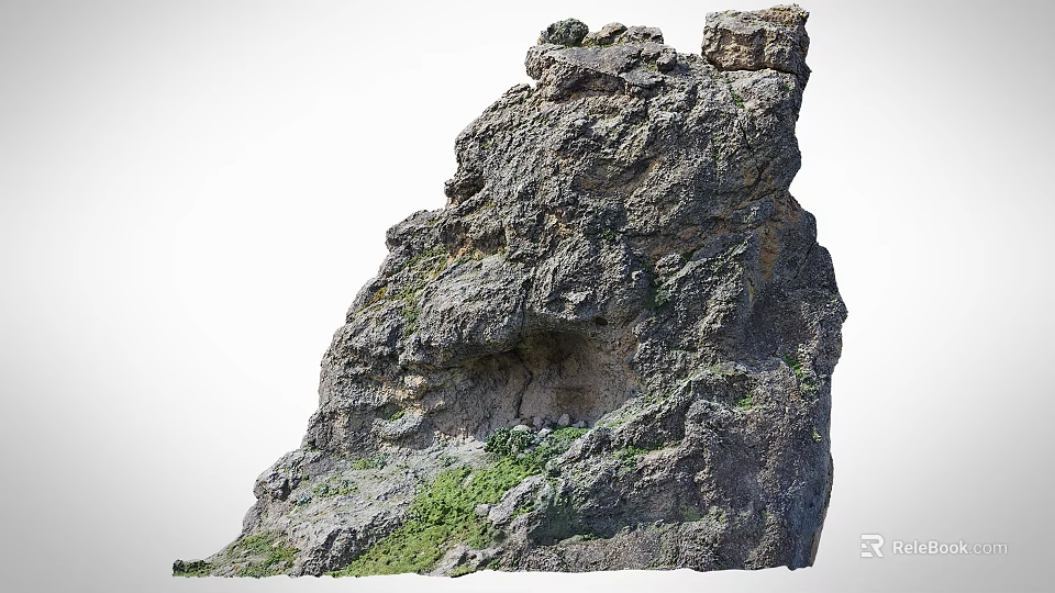 Stone Wood Natural Rock Structure With Mossy Surface And Green Vegetation Growth 3d model 