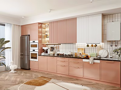 Modern Open Kitchen Interior With Pink White Cabinets Tiled Backsplash And Appliances 3d model