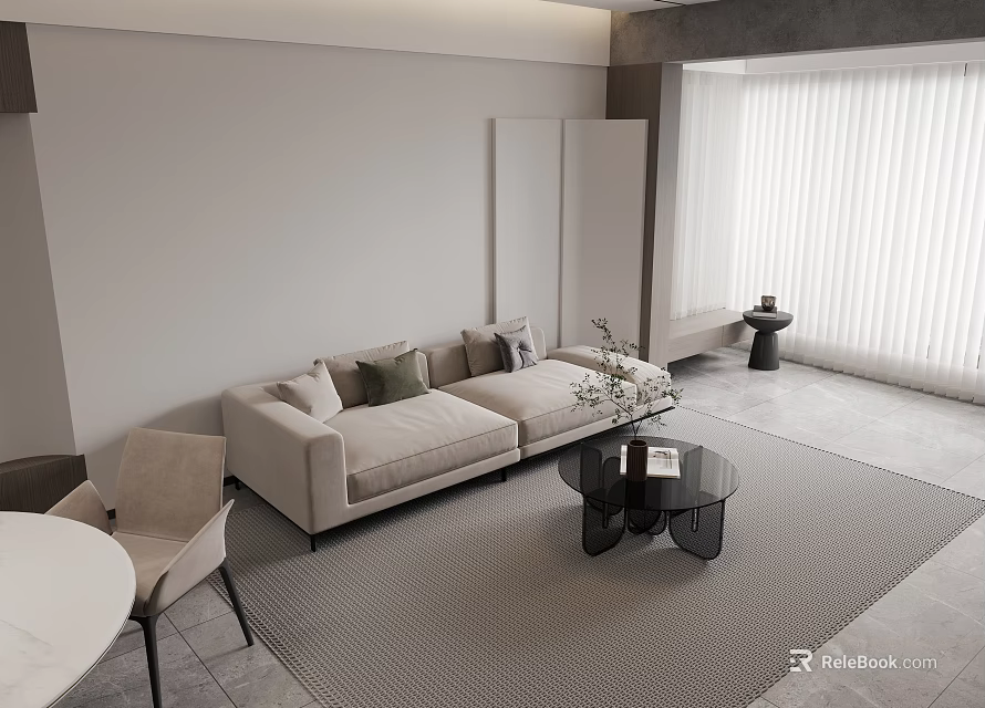 Modern Living and Dining Room Interior With Beige Sofa Black Coffee Table And Dining Chairs 3d model 