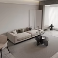 Modern Living and Dining Room Interior With Beige Sofa Black Coffee Table And Dining Chairs