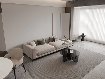 Modern Living and Dining Room Interior With Beige Sofa Black Coffee Table And Dining Chairs 3d model