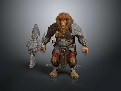 Man As Lion Head Warrior In Metallic Armor Holding Large Axe And Chains 3d model
