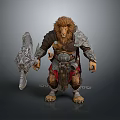 Man As Lion Head Warrior In Metallic Armor Holding Large Axe And Chains