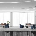 Modern Lounge Area With Sofas Blue Chairs Plants Large Windows And White Curtains 3d model