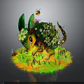 Green Turtle Adorned with White Flowers Bees and Butterflies on Lush Grass with Eggs