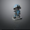 Blue Robot Figure With Large Mechanical Eyes And Worn Parts Standing On White Base