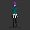 Anime Character 3D Model With Purple Hair Green Coat Striped Skirt Standing On Base