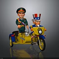 Cartoon Characters On Yellow Tricycle Motorcycle With Military Uniform And American Flag Hat