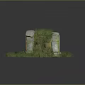 Cartoon Scene Featuring Round Sandy Ground Stone Metal Plate Hut Grass Roof And Green Plants