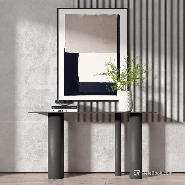 Modern Console Table With White Vase Green Plant And Gray Wall Painting 3d model 