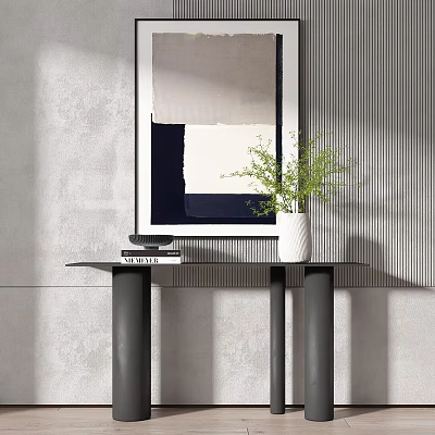 Modern Console Table With White Vase Green Plant And Gray Wall Painting 3d model