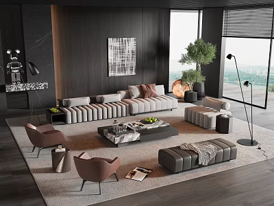 Modern Living Sofa And Coffee Table Set With Marble Top Plush Cushions Green Plants 3d model