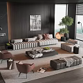 Modern Living Sofa And Coffee Table Set With Marble Top Plush Cushions Green Plants