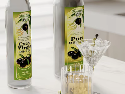 Extra Virgin And Pura Olive Oil Bottles With Glass Of Olives On White Countertop 3d model
