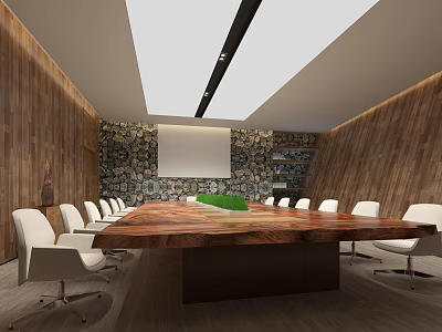 Modern Conference Room Interior With Long Wooden Table White Chairs Stone Wall And Projection Screen 3d model