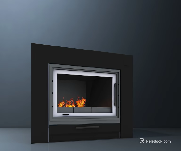 Modern Fireplace Design with Burning Flames and Black White Frame in Minimalist Interior 3d model 