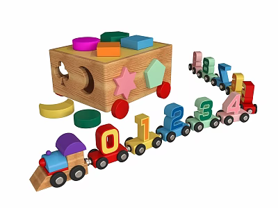 Wooden Building Blocks Set With Colorful Shapes Number Pieces And Toy Train 3d model