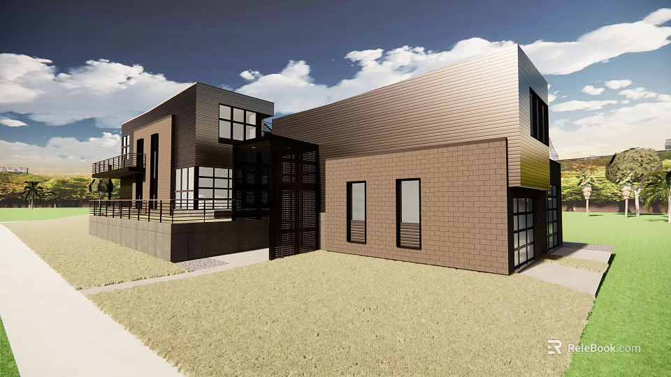 Modern Detached House Exterior With Brick Walls Large Windows And Green Lawn 3d model 