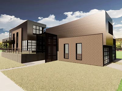 Modern Detached House Exterior With Brick Walls Large Windows And Green Lawn 3d model