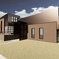 Modern Detached House Exterior With Brick Walls Large Windows And Green Lawn