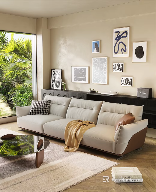 Three Seater Beige Sofa with Plaid Pillow Brown Throw Blanket Near Large Window Wall Art 3d model 