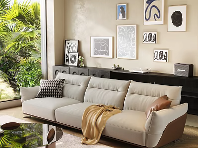 Three Seater Beige Sofa with Plaid Pillow Brown Throw Blanket Near Large Window Wall Art 3d model
