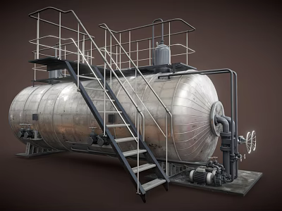 Industrial Metal Storage Tank With Staircase Platform Pipes And Valves 3d model