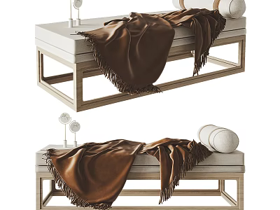 Modern Ottoman Design With Wooden Frame Brown Blanket And White Pillows 3d model