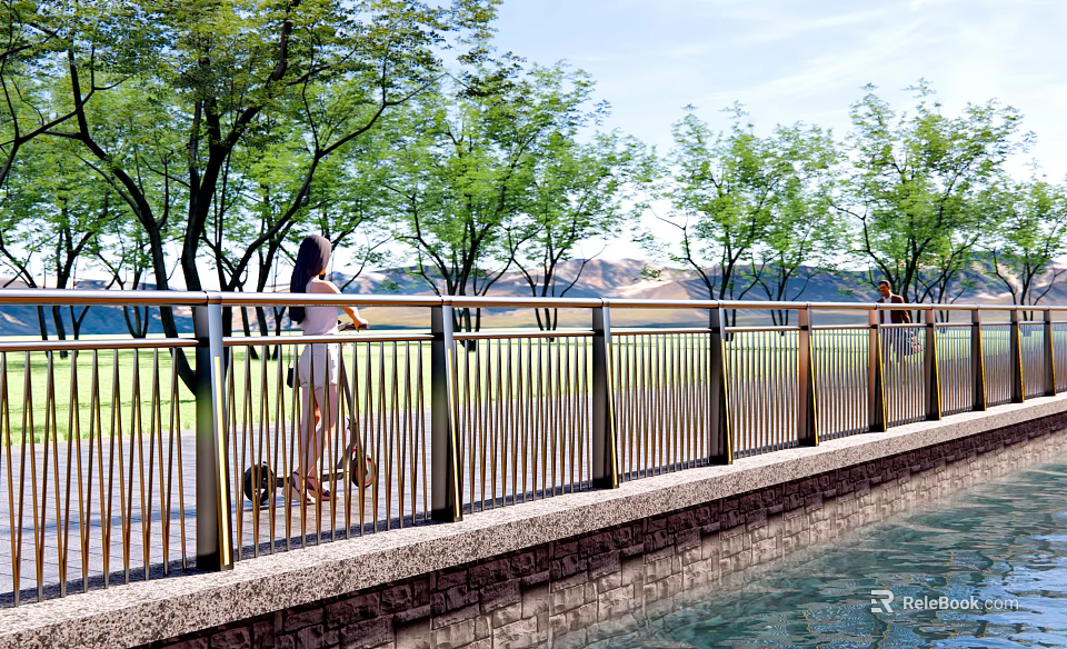 Metal Railing On Waterfront Path With Trees Grassland Mountains And Person Riding Electric Scooter 3d model 