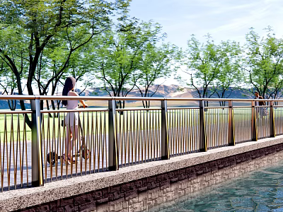 Metal Railing On Waterfront Path With Trees Grassland Mountains And Person Riding Electric Scooter 3d model