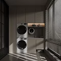 Modern Balcony Cabinet With Stacked Washer Dryer Sink And Window Blinds